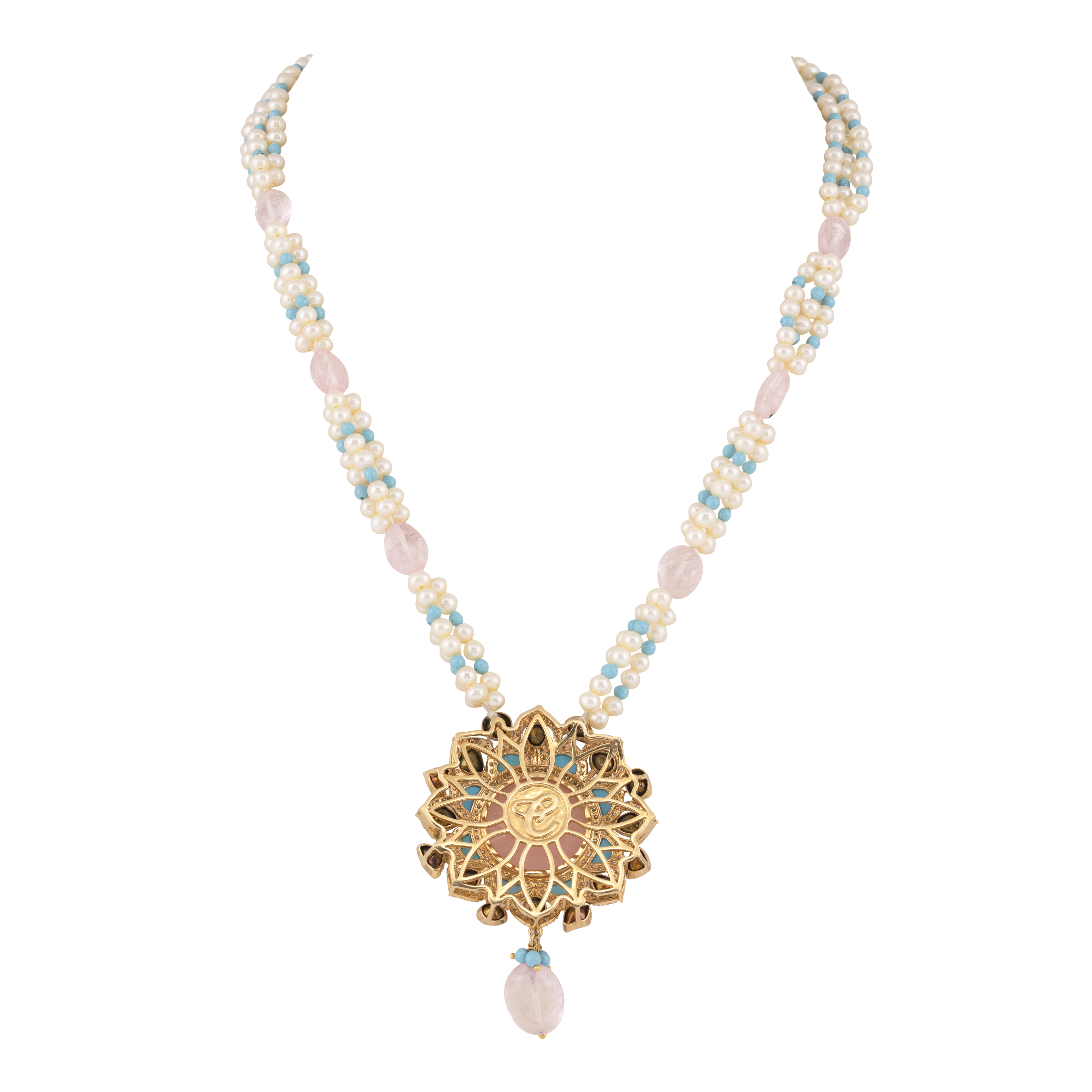 Carved Pink and Turquoise Gemstone Necklace with Polkis and Pearl